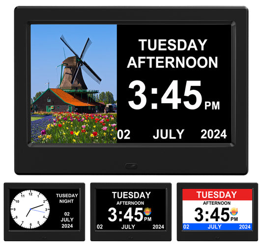 CAZOKASI Alarm Clock with Day and Date for Elderly 7inch Digital Calendar Clock Photo Frame- Auto Dimmable Display 15 Alarm Options, Clock with Non-Abbreviated Day & Month